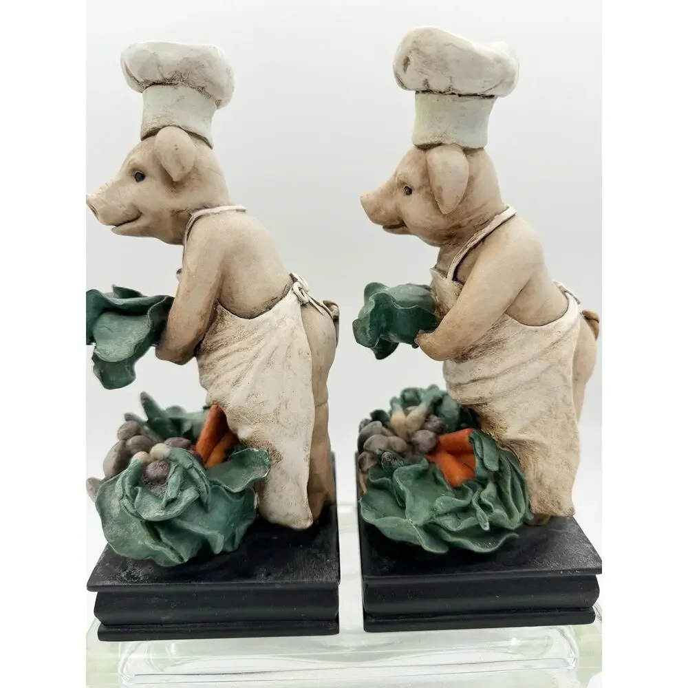 French Chef Pig Bookends Set Heavy Resin Cook Novelty Kitchen Cookbook Stand